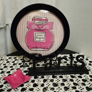 Pink Perfume Wall Art,Paris Sign and Trinket Dish